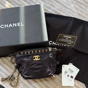 CHANEL Black Nylon and Grossgrain Crossbody Bag with Gold Chain